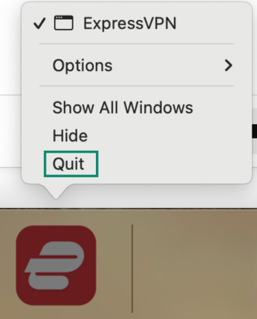 Mac Dock menu with Quit ExpressVPN option.