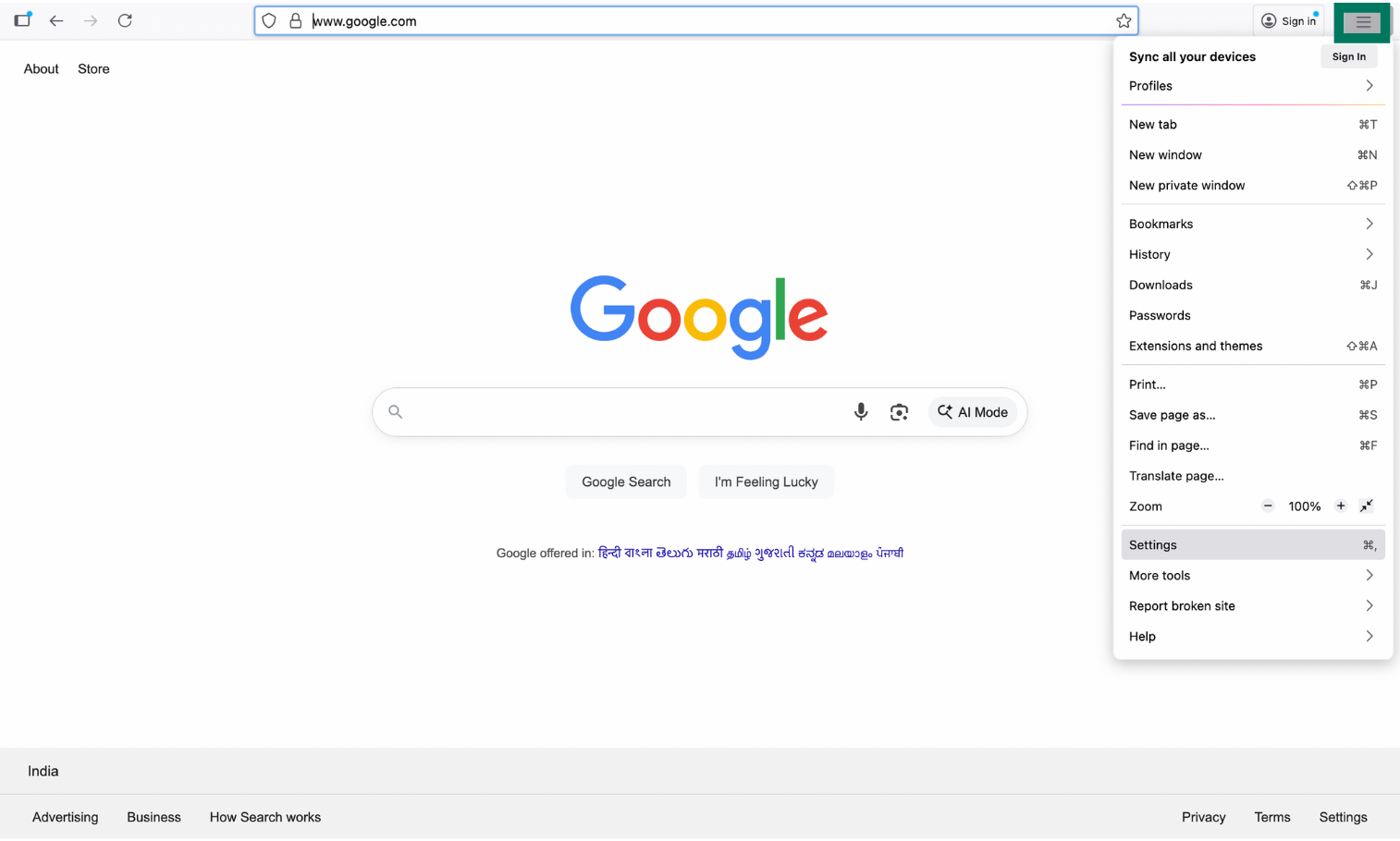 Firefox browser showing the main menu open with the Settings option highlighted.