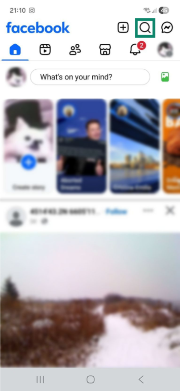 The Facebook feed on the Android app. The search bar icon at the top is highlighted.