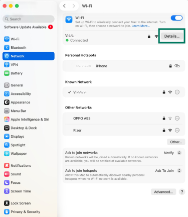 Wi-Fi settings on macOS showing active network with Details button highlighted.