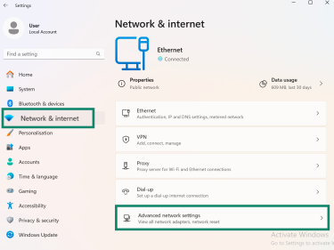 Network & internet settings page with Advanced network settings highlighted.