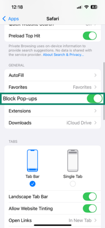 Image with Block Pop-ups highlighted in Safari's settings on iPhone