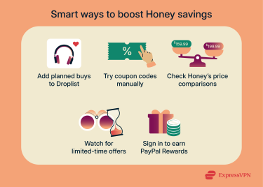 Infographic showing smart ways to boost Honey savings, including adding items to Droplist, trying coupon codes manually, checking price comparisons, watching for limited-time offers, and signing in to earn PayPal rewards.