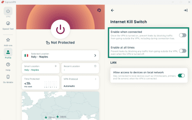 ExpressVPN Windows app showing the Internet Kill Switch settings with options to enable protection when connected or at all times toggled off.