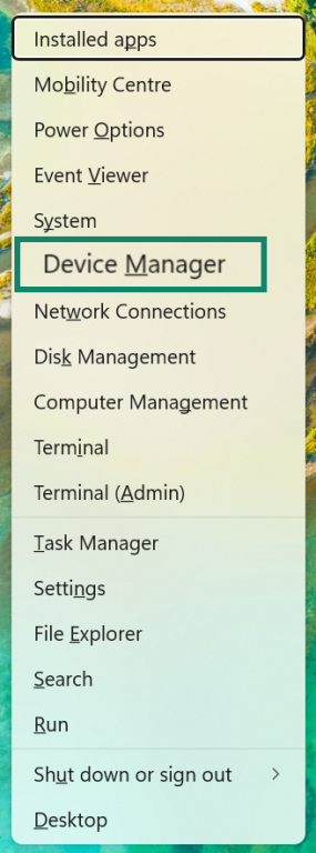 Power User menu (Win+X) with Device Manager highlighted.