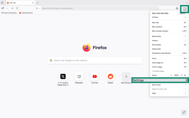 Mozilla homepage with Settings option highlighted.