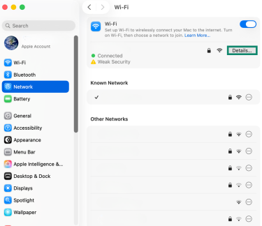 The Wi-Fi windows on Mac, with a highlighted "Details" button under Wi-Fi settings.