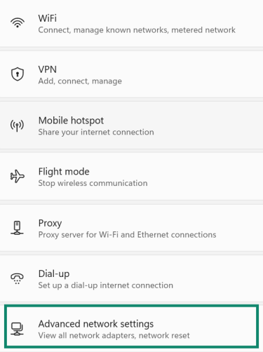 The “Network & internet” menu in Windows Settings, with the “Advanced network settings” option highlighted.
