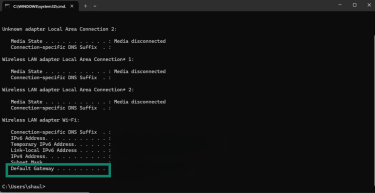 Command Prompt window showing network adapters and Wi-Fi details, with the default gateway values highlighted at the bottom