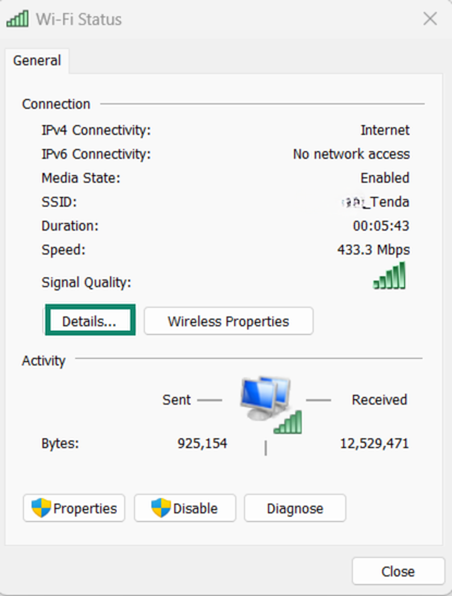 The "Details" button highlighted in the Wi-Fi status windows on Windows.