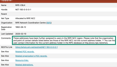 ARIN's website showing an IP address belonging to the RIPE NCC registry