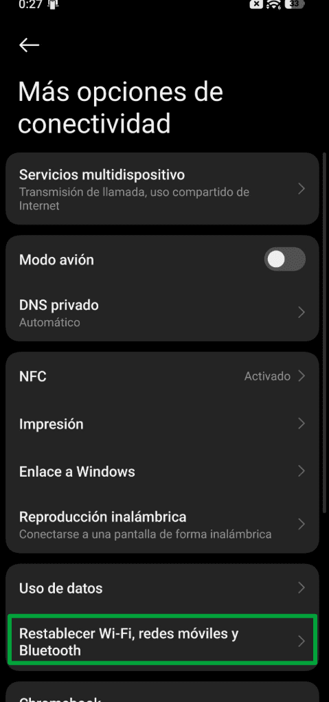 Reset options in the System menu on Android.