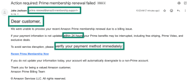 Gmail message claiming Amazon Prime renewal failed, highlighting suspicious sender address and urgent payment request text.