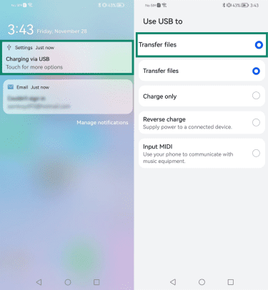 Two Android screenshots side by side. The first image shows the "Charging via USB" page highlighted. The second image shows the "Use USB to" setting page on Android, with the "Transfer files" option highlighted.