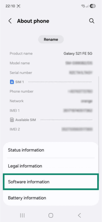 The "About phone" page on an Android. The "Software information" option is highlighted.