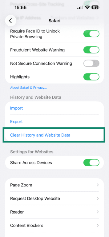 Clearing history and website data on iOS.