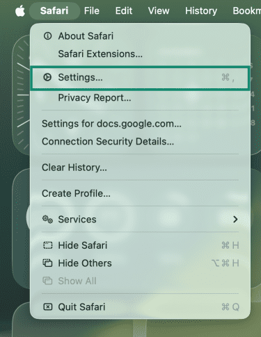 Text: Accessing Safari's settings on macOS.
