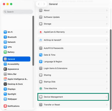 Accessing the Device Management window on macOS through System Settings.