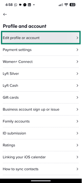 Edit profile or account option in the Lyft app.