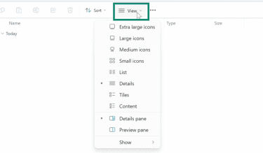 Windows' File Explorer toolbar with the "View" button highlighted.
