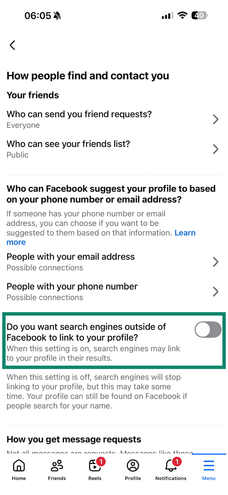 A toggle that lets you disable search engines from finding your profile on Facebook.