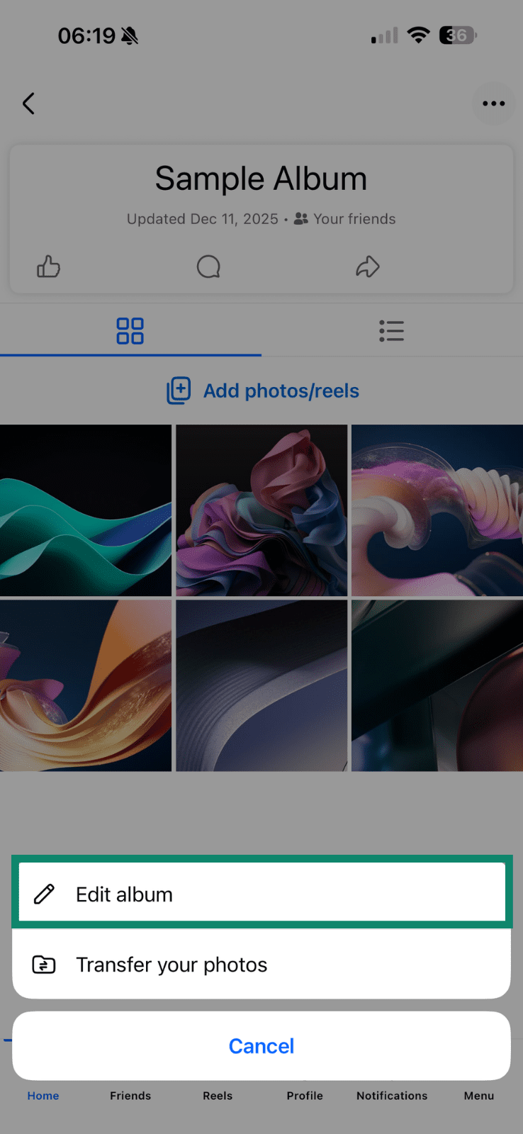 The Edit Album option highlighted on the Facebook mobile app.