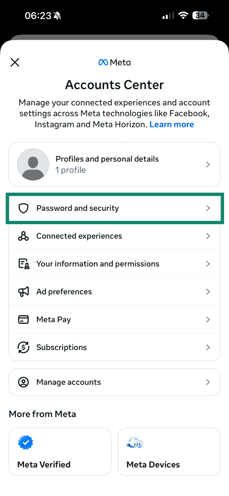 The Password and Security menu item highlighted on Facebook mobile.