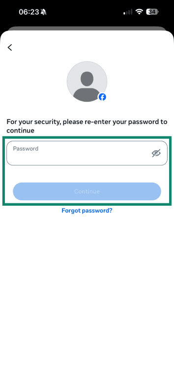 A prompt for re-entering a Facebook password on mobile.