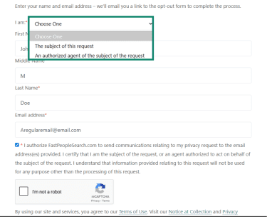 Fill out all relevant details. If you're doing this on behalf of someone else, use the dropdown menu to indicate that.