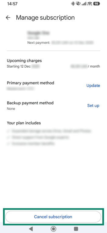 Screenshots from Android showing Google Play payments and subscription settings, highlighting Subscriptions and Active subscriptions.