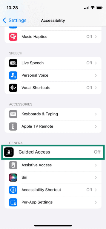 The accessibility settings page, with Guided Access highlighted.