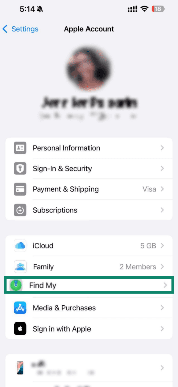 Apple Account settings screen with the Find My option highlighted.
