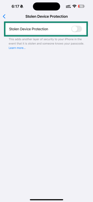 Stolen Device Protection screen with the toggle switched off.
