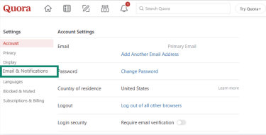 The Quora settings page with the Email & Notifications option highlighted.