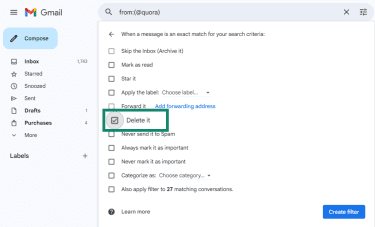 The Gmail filter setting open on the Create filter section, with Delete it highlighted.