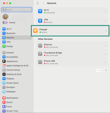 Firewall option within Network settings on macOS.