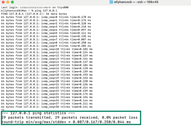 Ping results from a loopback address via the Terminal on macOS.