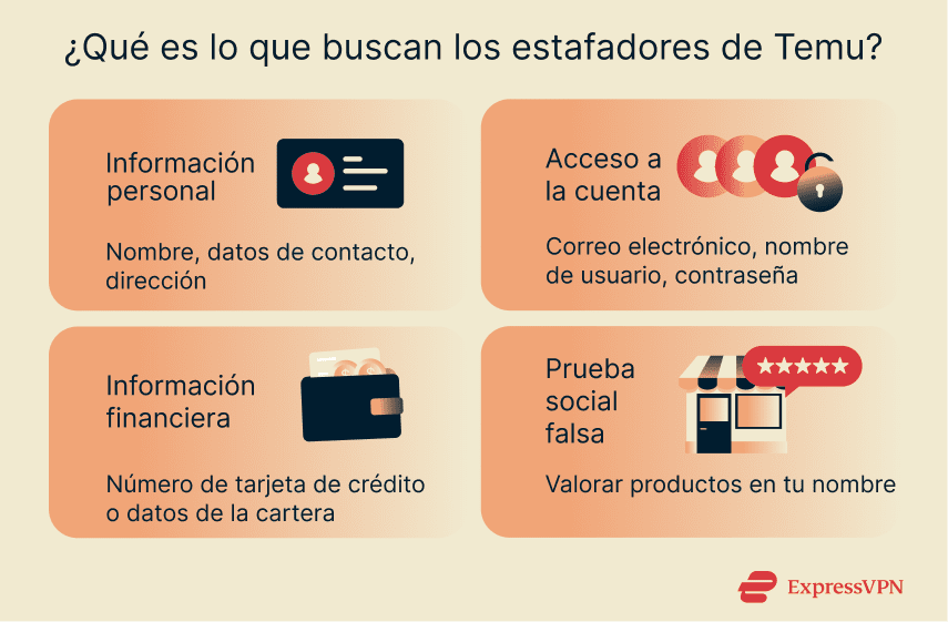 Infographic showing what scammers on Temu are after, including personally identifiable information and financial information.