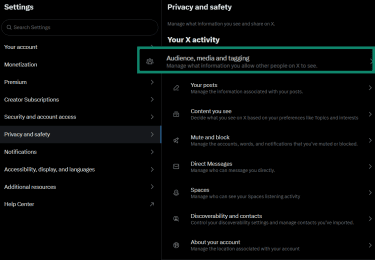 X Privacy and Safety settings showing the Audience and Tagging menu.