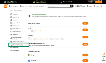 Temu website settings with Account security highlighted.