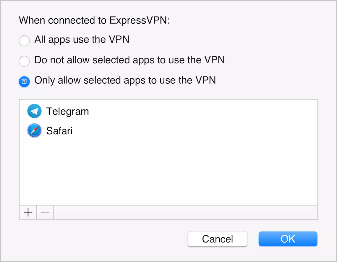 L'interfaccia dell'app ExpressVPN per Mac, che mostra solo le app selezionate protette dalla VPN.
