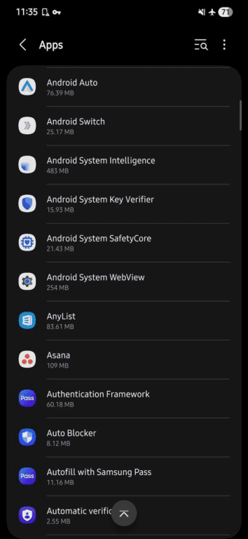 A list of all installed apps on an Android device.