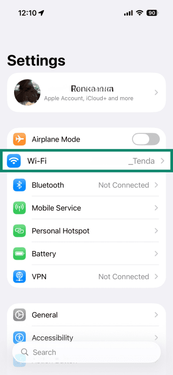 iPhone settings screen, showing how to access the Wi-Fi settings.