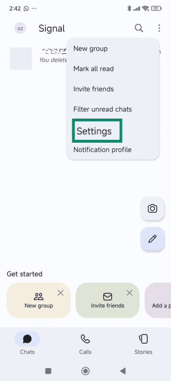 The Signal menu is open with Settings selected.