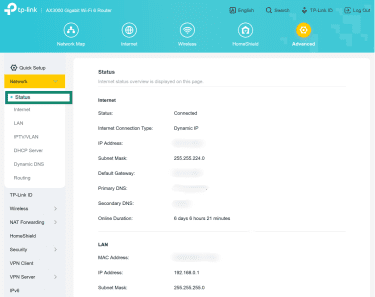 A screenshot of a router portal with the status pane highlighted.