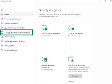 Windows Security dashboard highlighting App & browser control option