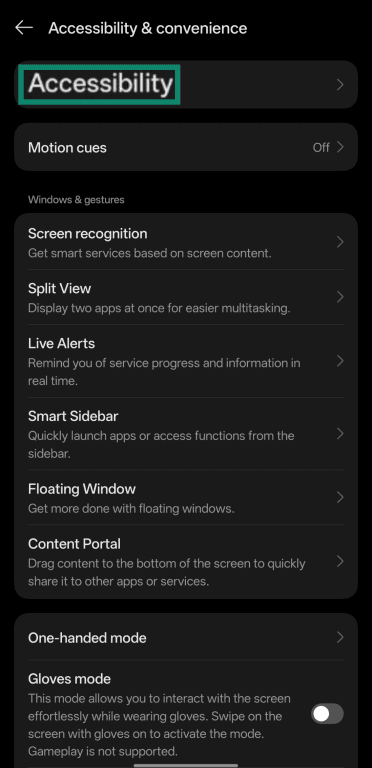 Opening further accessibility settings on Android.