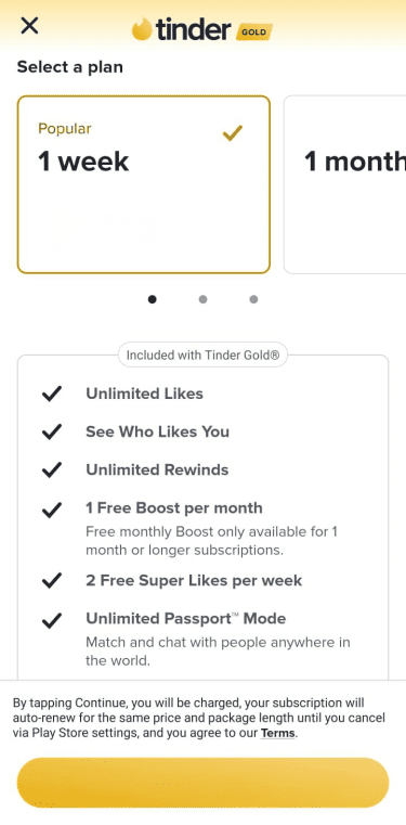 Tinder subscription selection screen showing the "1 week" plan selected.