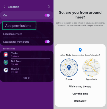 Two Android screenshots, side by side, one of the "Location" settings screen with the "App permissions" option highlighted. The other shows the Tinder permission prompt to request location access, with map visuals for "Precise" and "Approximate" locations.