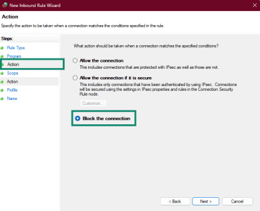 Clicking "Block the connection" under "Action" to stop all pings in Windows Defender Firewall with Advanced Security.